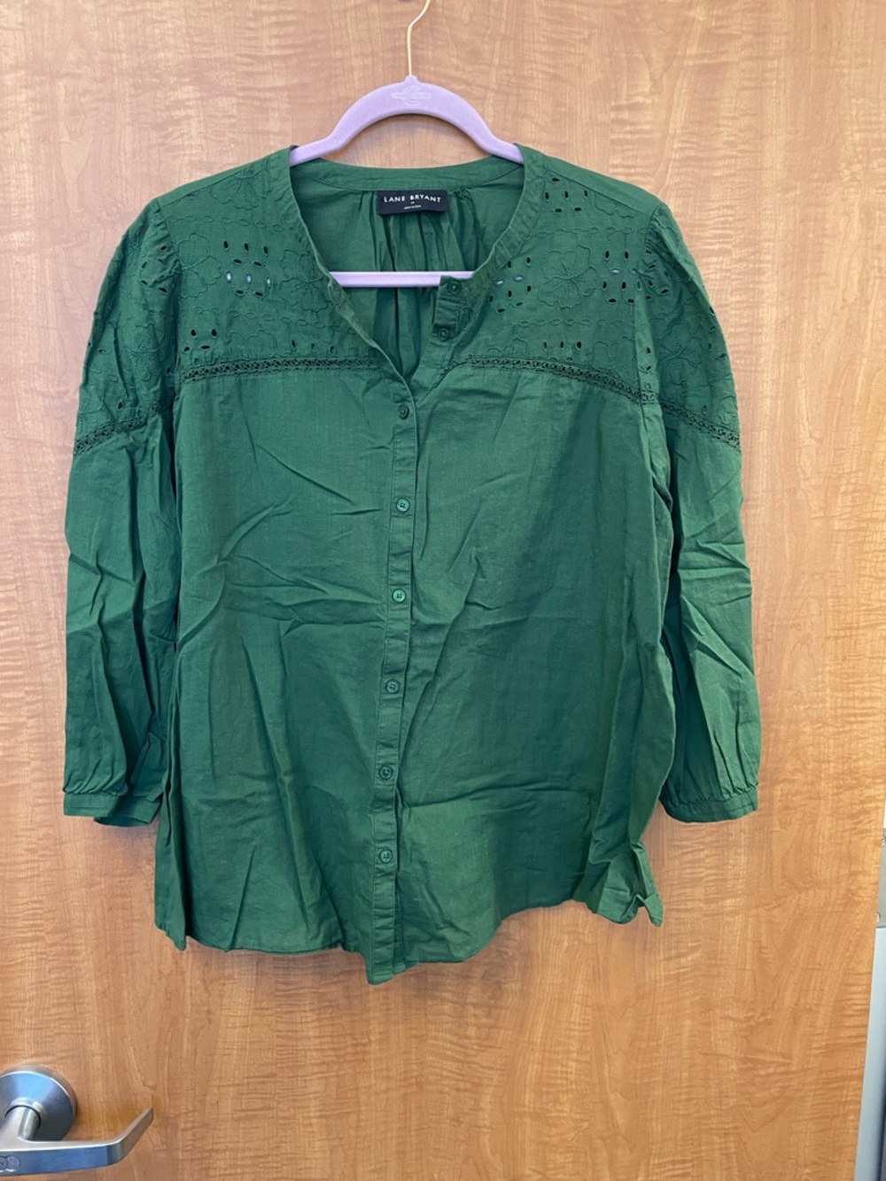 Lane Bryant Dark Green Eyelet Button-Down Top